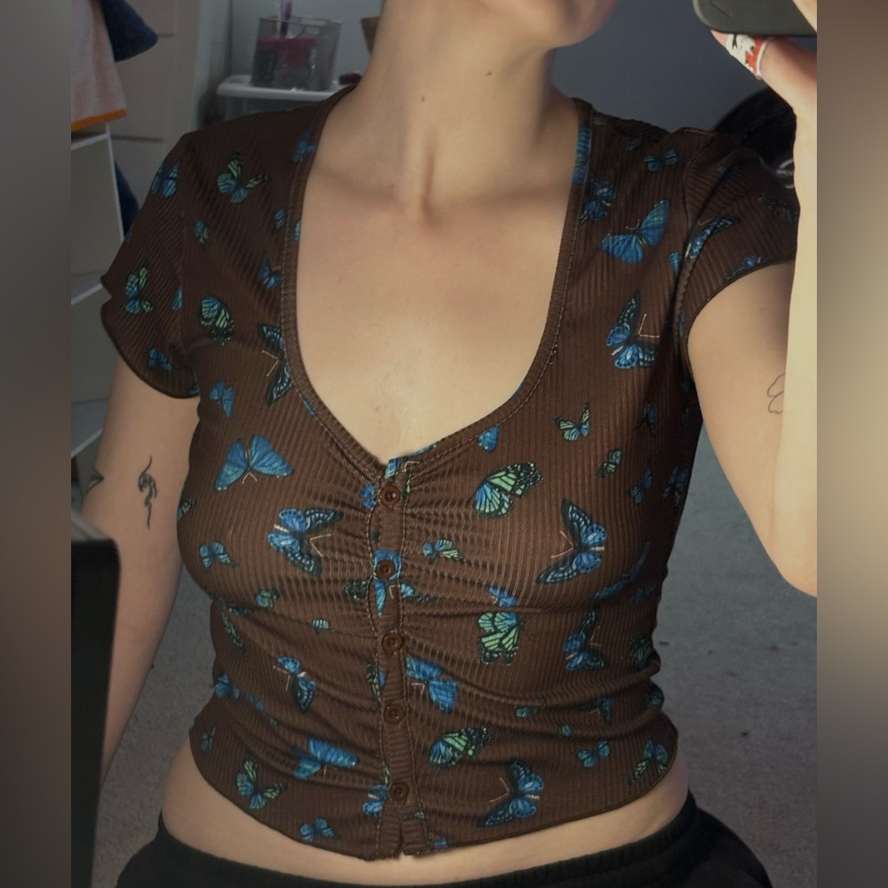 Wild Fable Brown Top with Blue and Green Butterfly Print